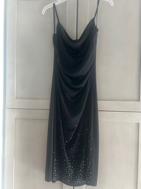 Black Midi Slip Dress with Cowl Neck and Hem Embellishments